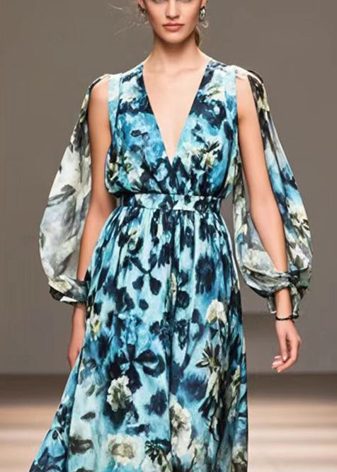 Blue Print Exra Large Hem Chiffon Long Dress Spring