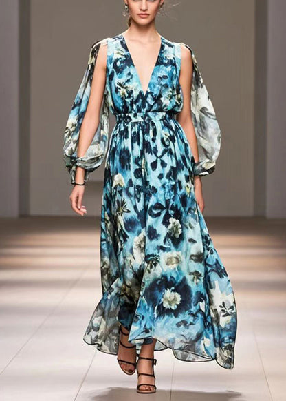 Blue Print Exra Large Hem Chiffon Long Dress Spring