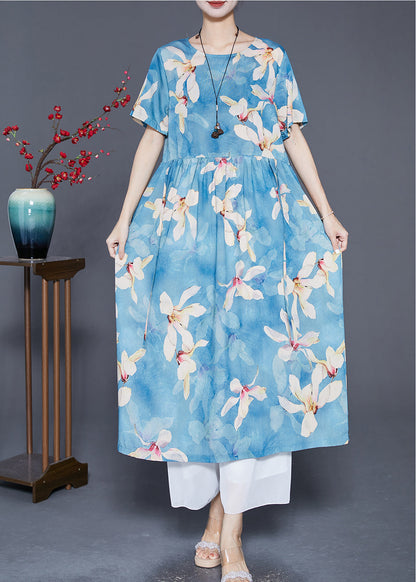 Blue Print Exra Large Hem Linen Vacation Dresses Summer