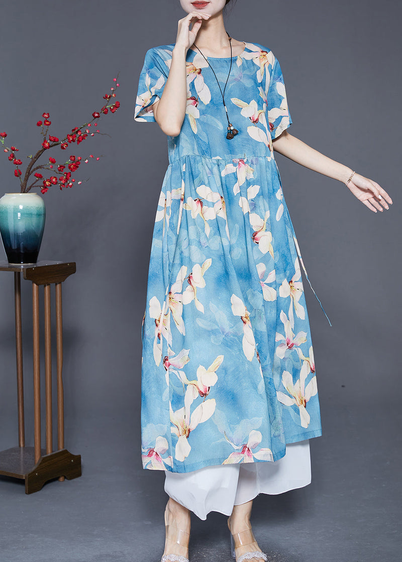 Blue Print Exra Large Hem Linen Vacation Dresses Summer