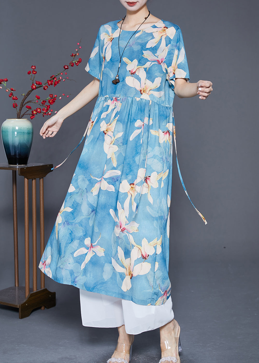 Blue Print Exra Large Hem Linen Vacation Dresses Summer