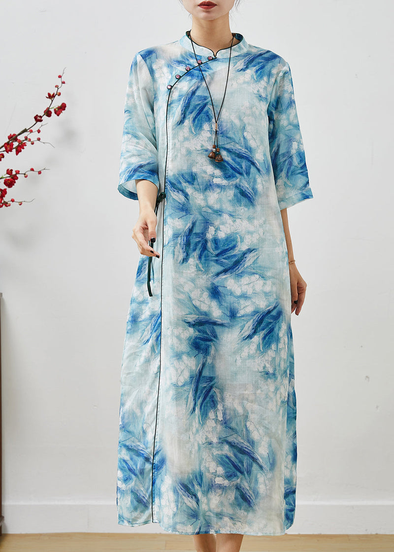 Blue Print Lace Up Linen Cheongsam Dresses Summer