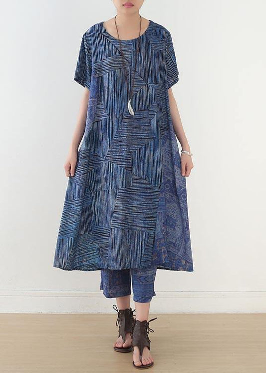 Blue Print Linen Dress Short Sleeve Summer Two Piece Set Clothing