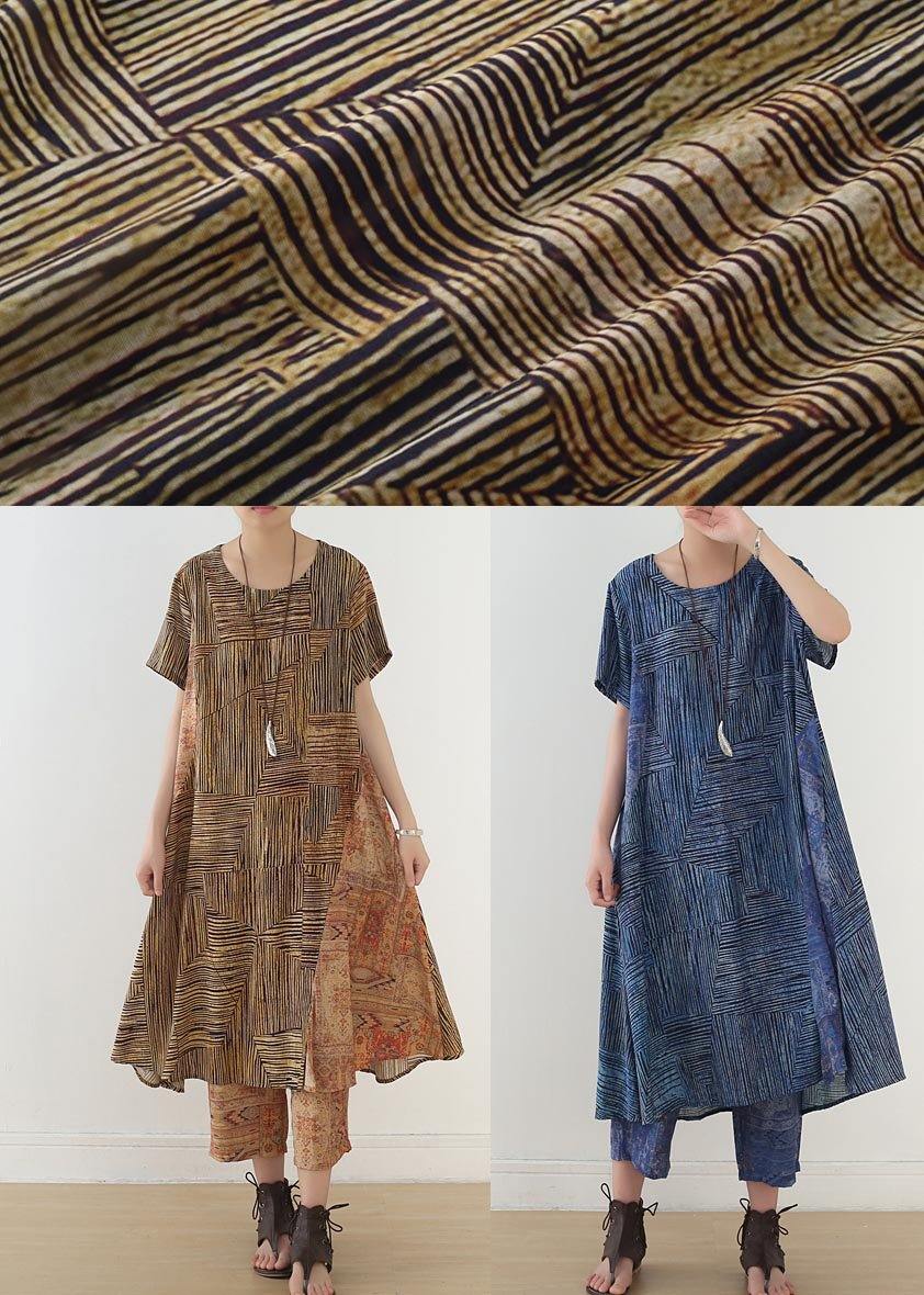 Blue Print Linen Dress Short Sleeve Summer Two Piece Set Clothing