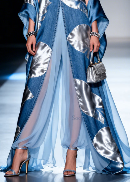 Blue Print Patchwork Exra Large Hem Denim a Line Dresses Summer