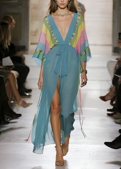Blue Print Side Open Chiffon Long Dress Summer