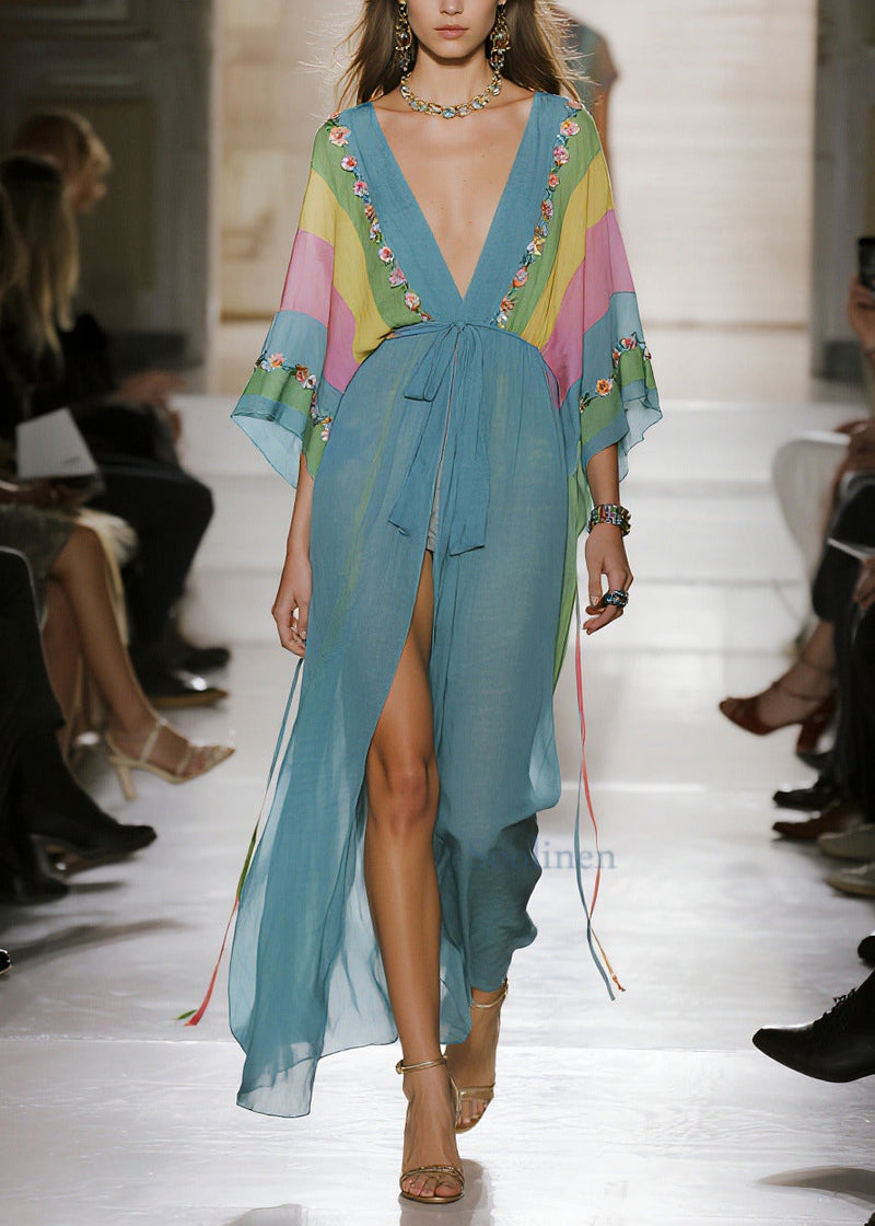 Blue Print Side Open Chiffon Long Dress Summer