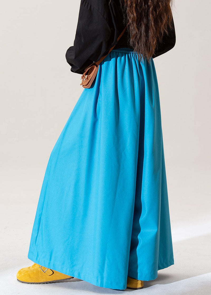Blue Ruffled Elastic Waist Cotton Pants Spring