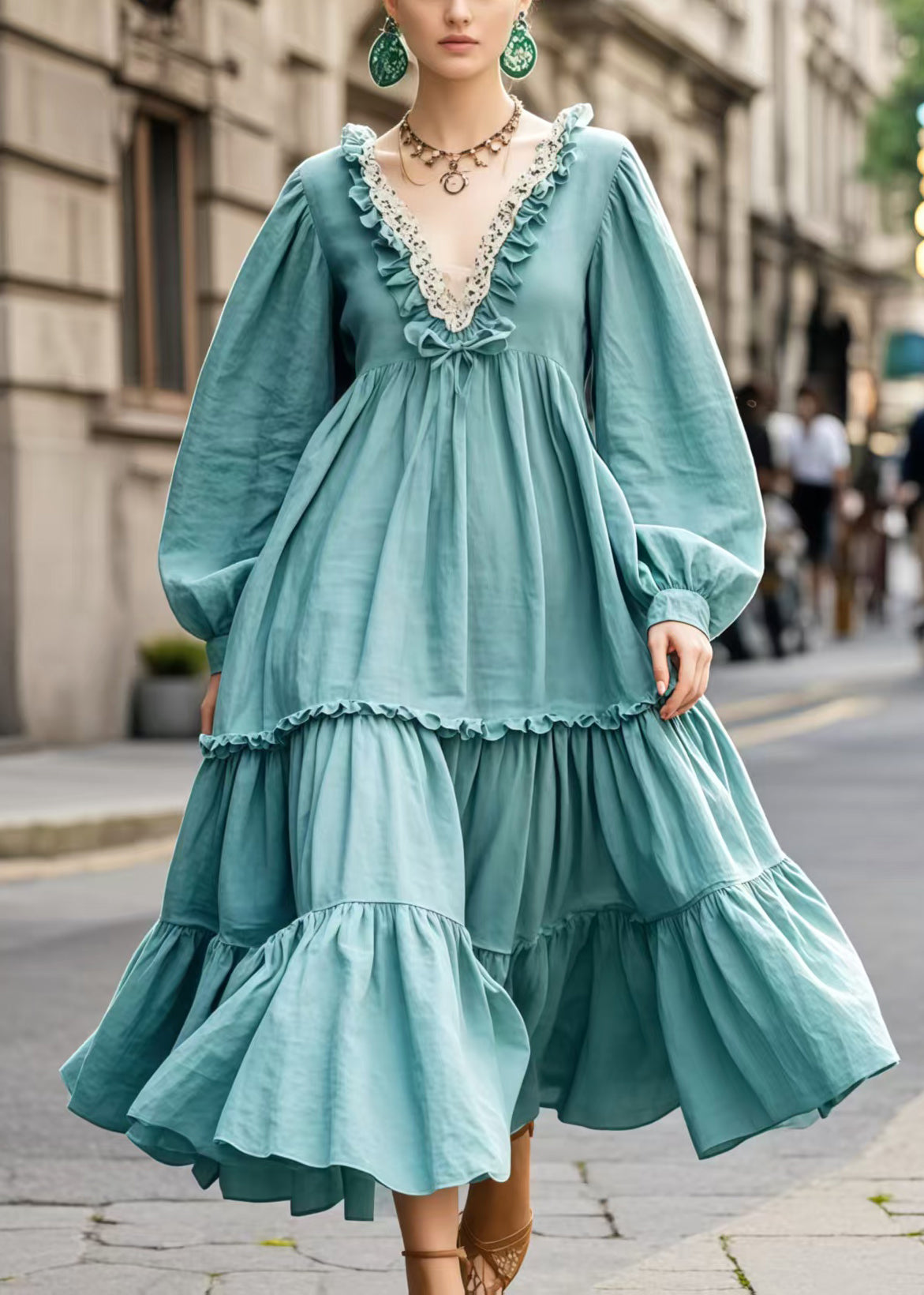 Blue Ruffled Oversized Cotton Maxi Dress Spring