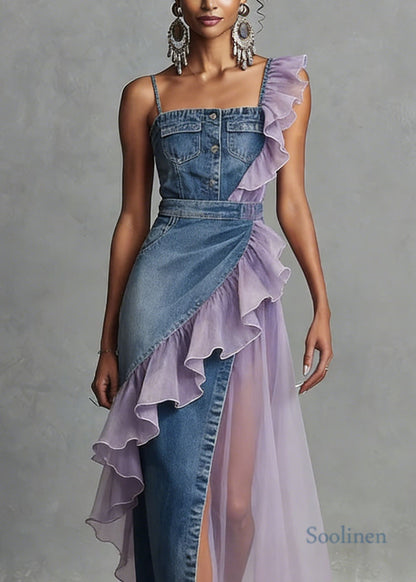 Blue Ruffled Patchwork Denim Spaghetti Strap Dress Summer