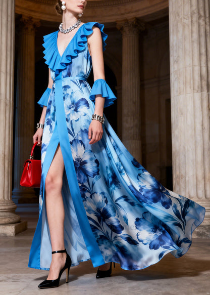 Blue Ruffled Print Chiffon Vacation Dress Sleeveless