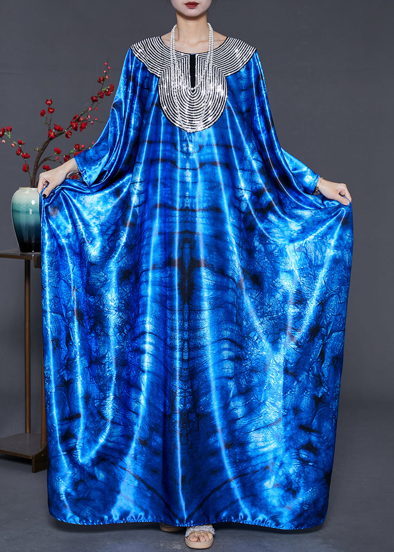 Blue Sequins Tie Dye Silk Holiday Dress Summer