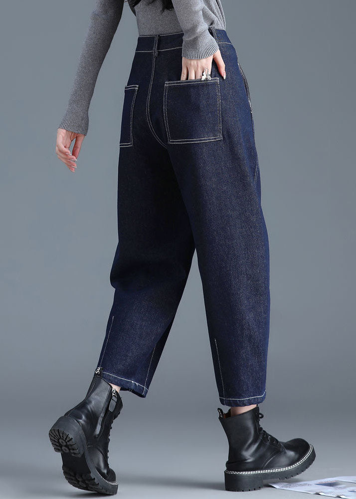 Blue High Waist Pockets Cotton Denim Harem Pants Summer