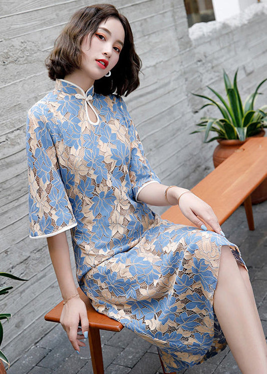 Blue Stand Collar Button Lace Cheongsam Dress Half Sleeve