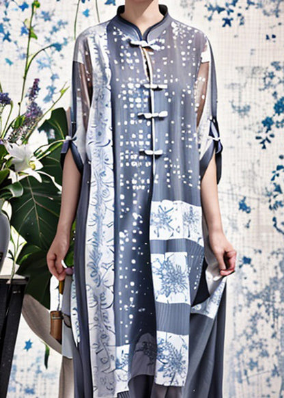 Blue Stand Collar Chinese Button Patchwork Silk Dresses Summer
