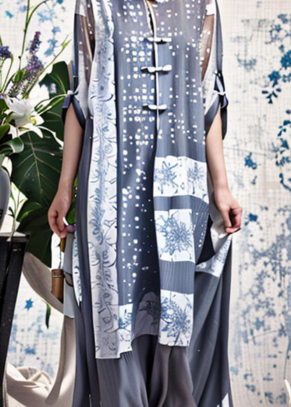 Blue Stand Collar Chinese Button Patchwork Silk Dresses Summer
