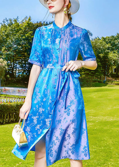 Blue Stand Collar Jacquard Tie Waist Silk Shirt Dress Short Sleeve