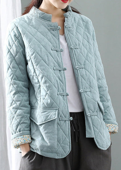 Blue Stand Collar Plaid Button Thick Parka Winter