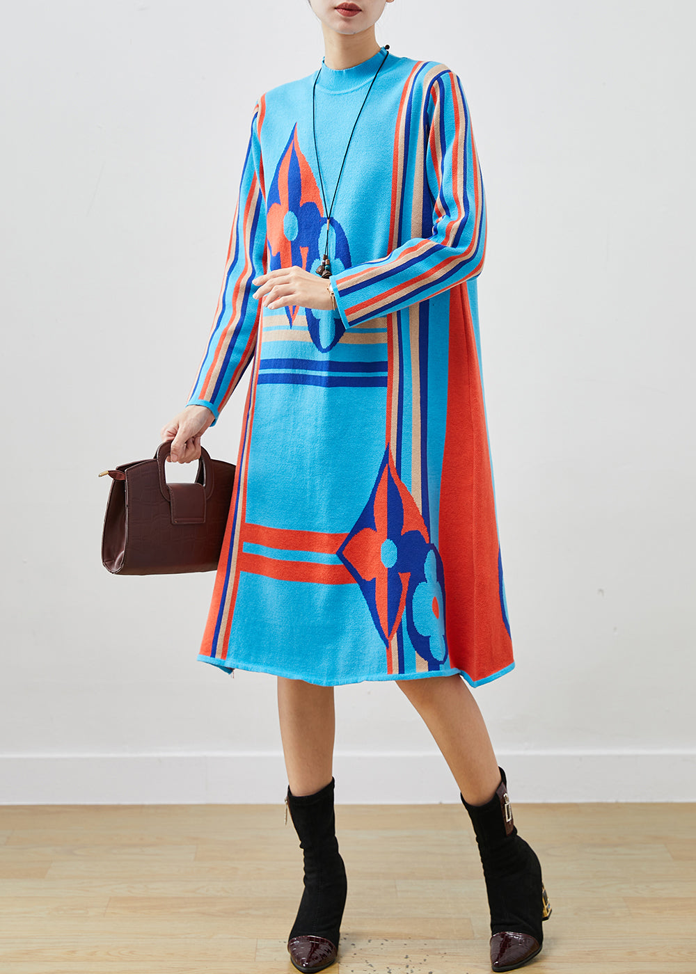 Blue Stand Collar Print Knit a Line Dress Spring