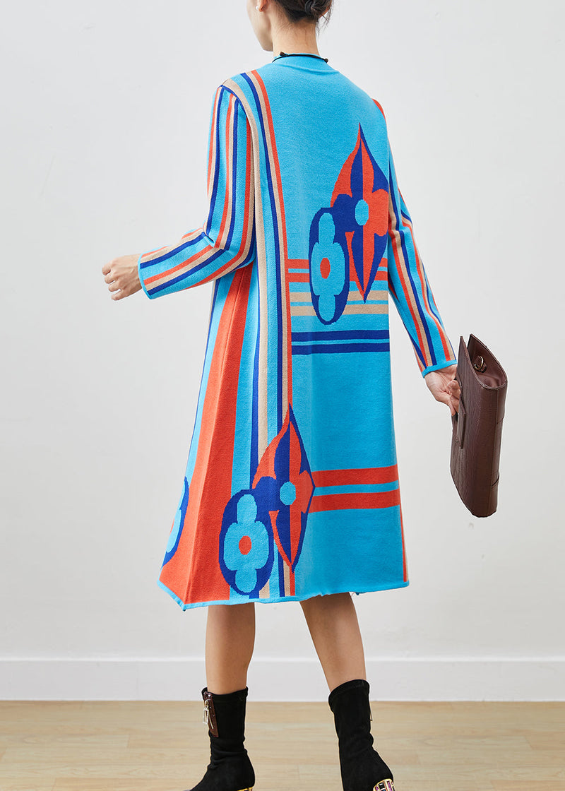 Blue Stand Collar Print Knit a Line Dress Spring