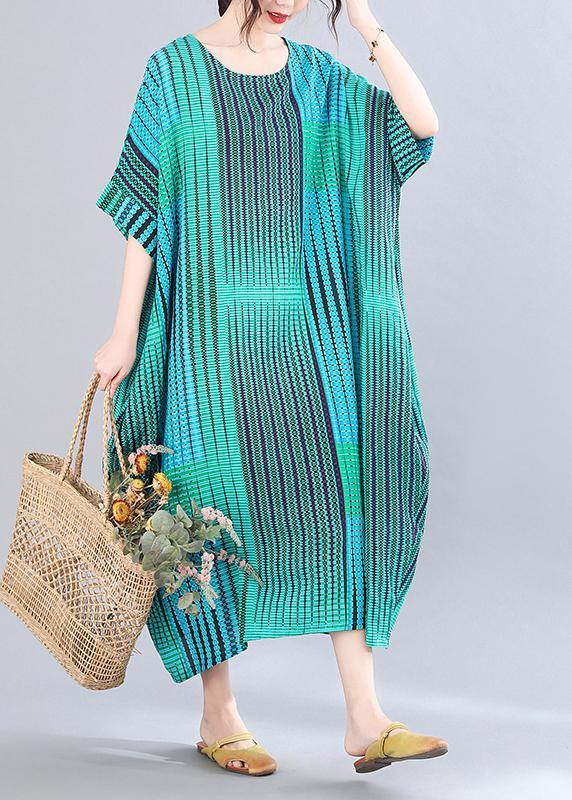 Blue Striped O-neck Short Sleeve Holiday Summer Cotton Dress