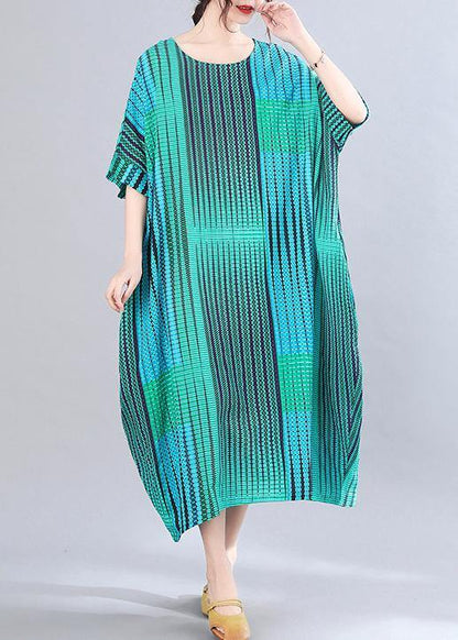 Blue Striped O-neck Short Sleeve Holiday Summer Cotton Dress