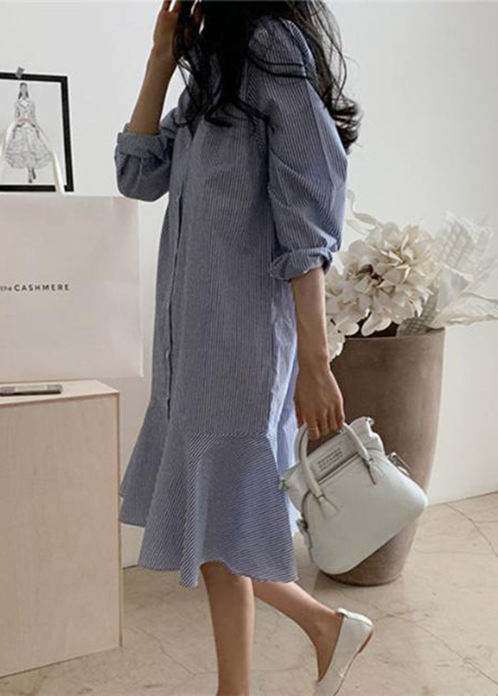 Blue Striped Peter Pan Collar Ruffles Cotton Shirt Dress Spring