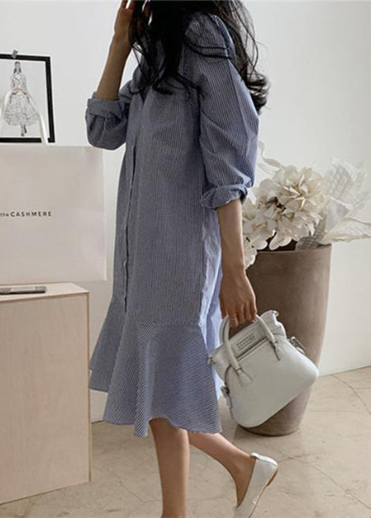 Blue Striped Peter Pan Collar Ruffles Cotton Shirt Dress Spring