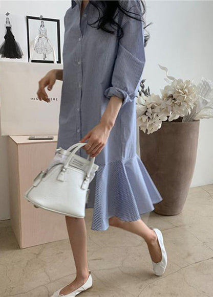 Blue Striped Peter Pan Collar Ruffles Cotton Shirt Dress Spring