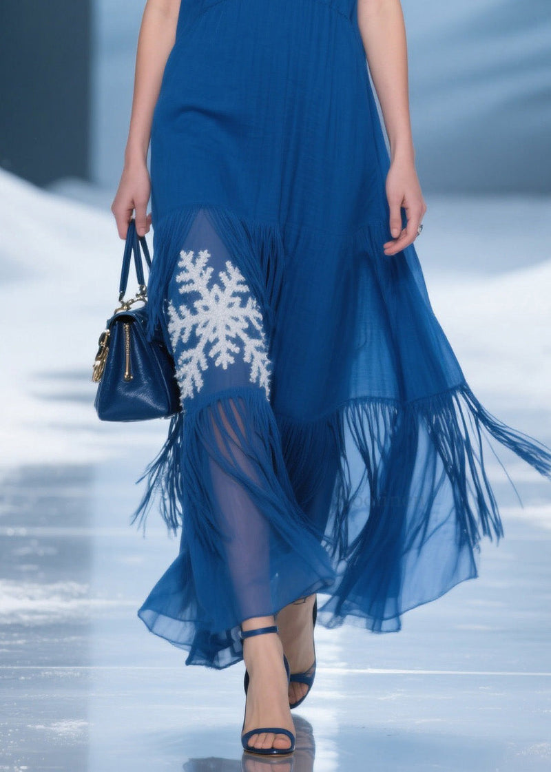 Blue Tassel Patchwork Spaghetti Strap Dress Summer