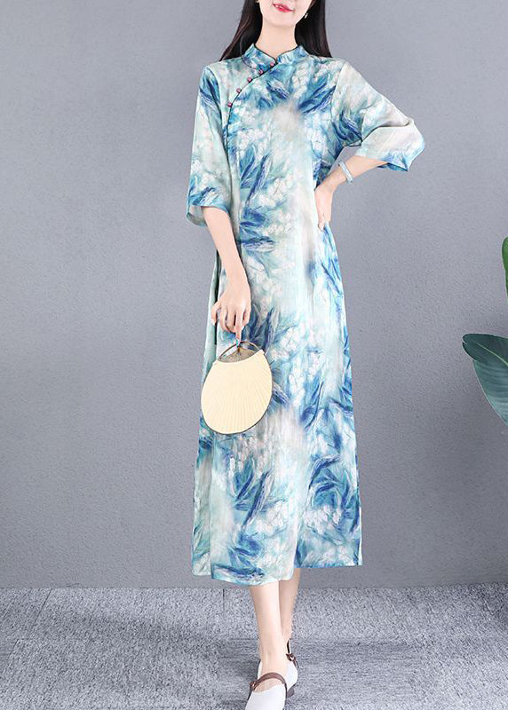 Blue Tie Dye Slim Fit Linen Dress Fall