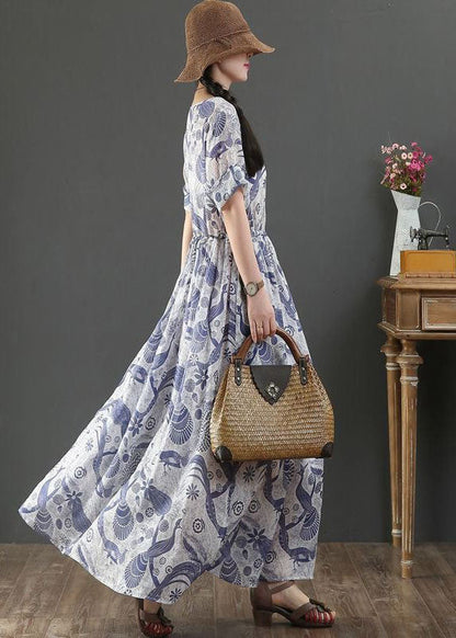 Blue Tie Waist V Neck Print Linen Maxi Dress Short Sleeve