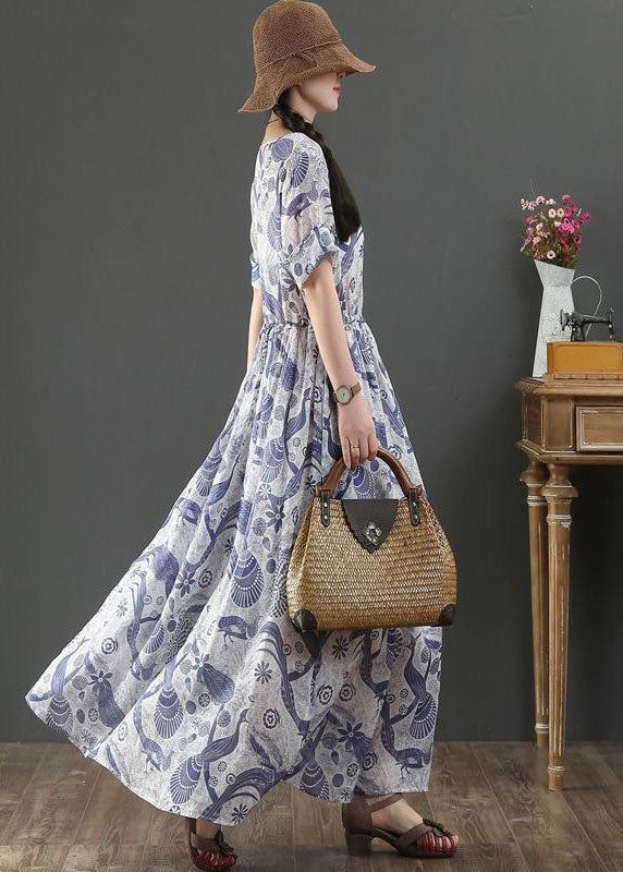 Blue Tie Waist V Neck Print Linen Maxi Dress Short Sleeve