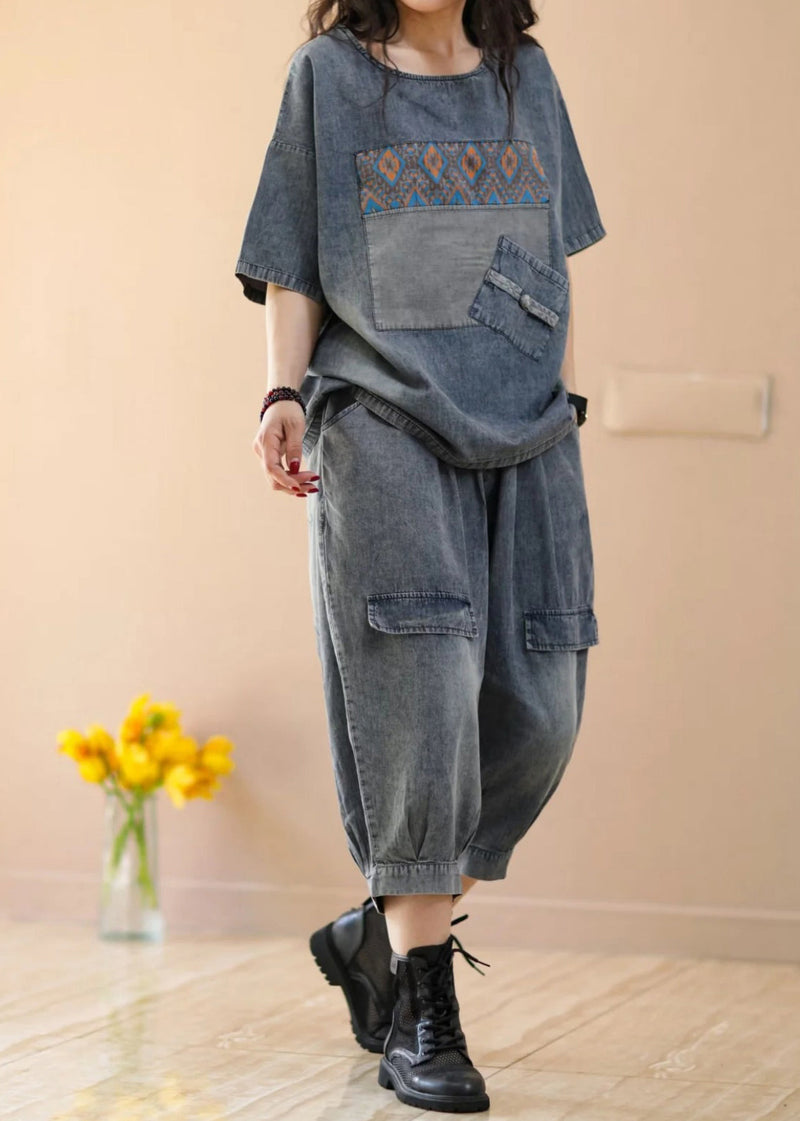Blue Tops and Crop Pants Denim Two Piece Suit Set Summer
