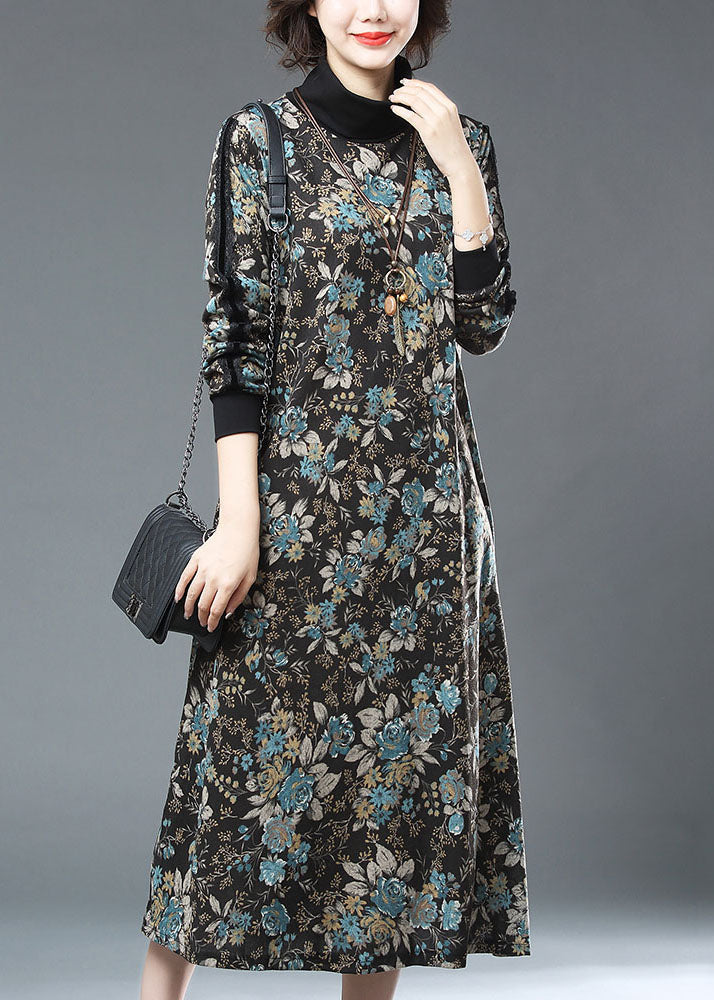 Blue Turtleneck Print Patchwork Warm Fleece Long Dresses Fall