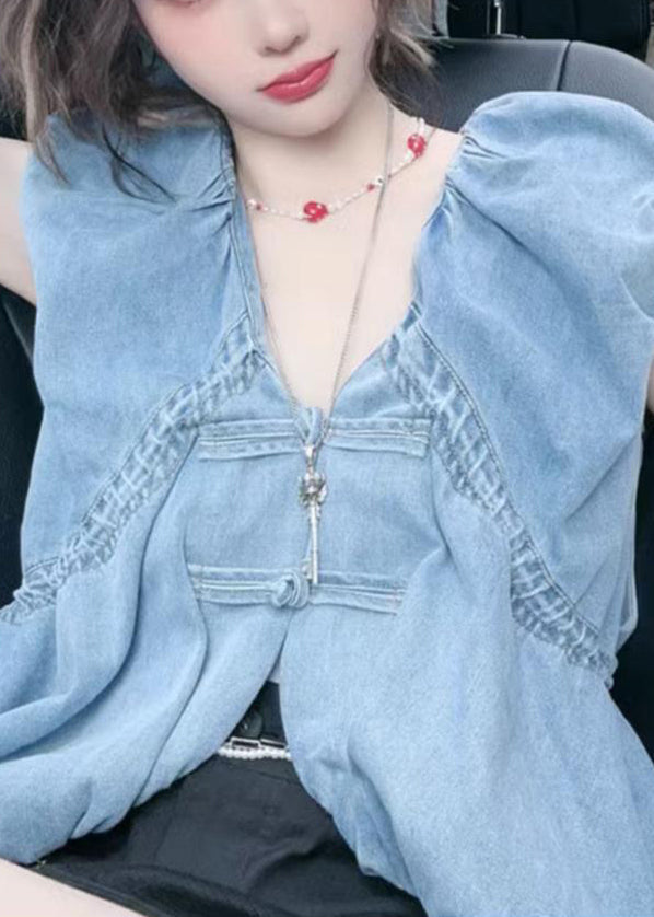 Blue V Neck Button Denim Tops Sleeveless
