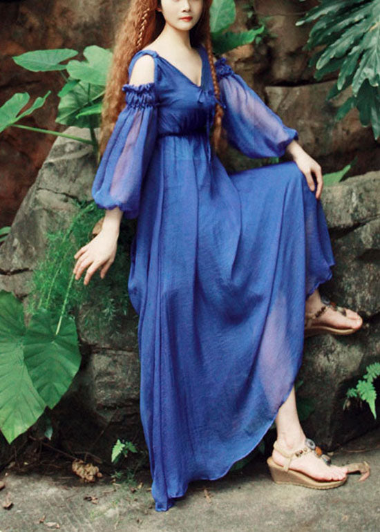 Blue V Neck Cold Shoulder Silk Maxi Dresses Puff Sleeve