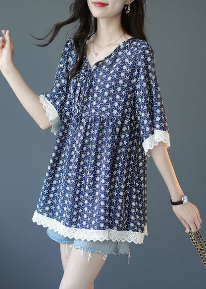 Blue V Neck Lace Patchwork Print Chiffon Top Half Sleeve