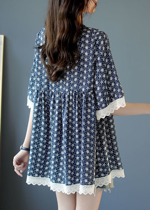Blue V Neck Lace Patchwork Print Chiffon Top Half Sleeve