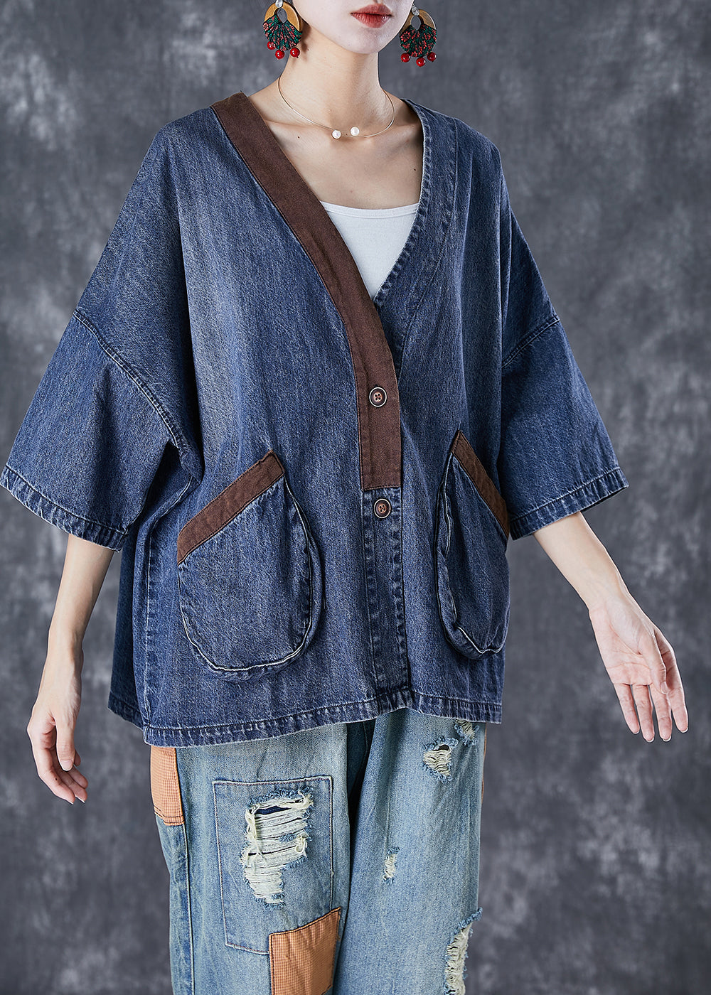 Blue V Neck Patchwork Pockets Denim Coats Summer