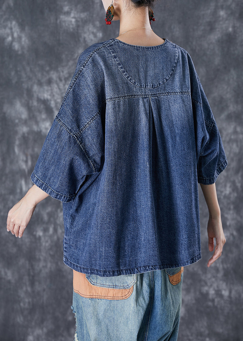 Blue V Neck Patchwork Pockets Denim Coats Summer