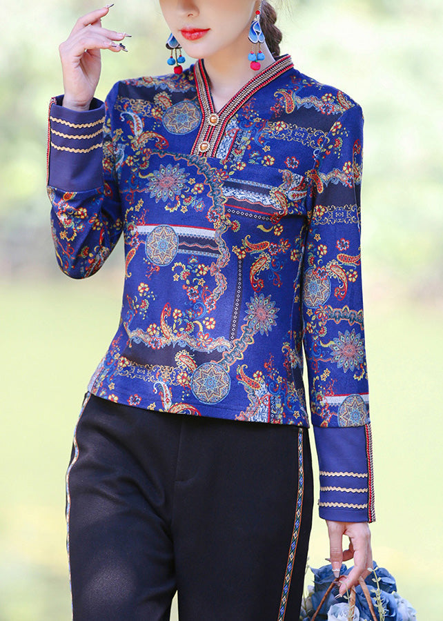 Blue V Neck Print Button Tops Spring