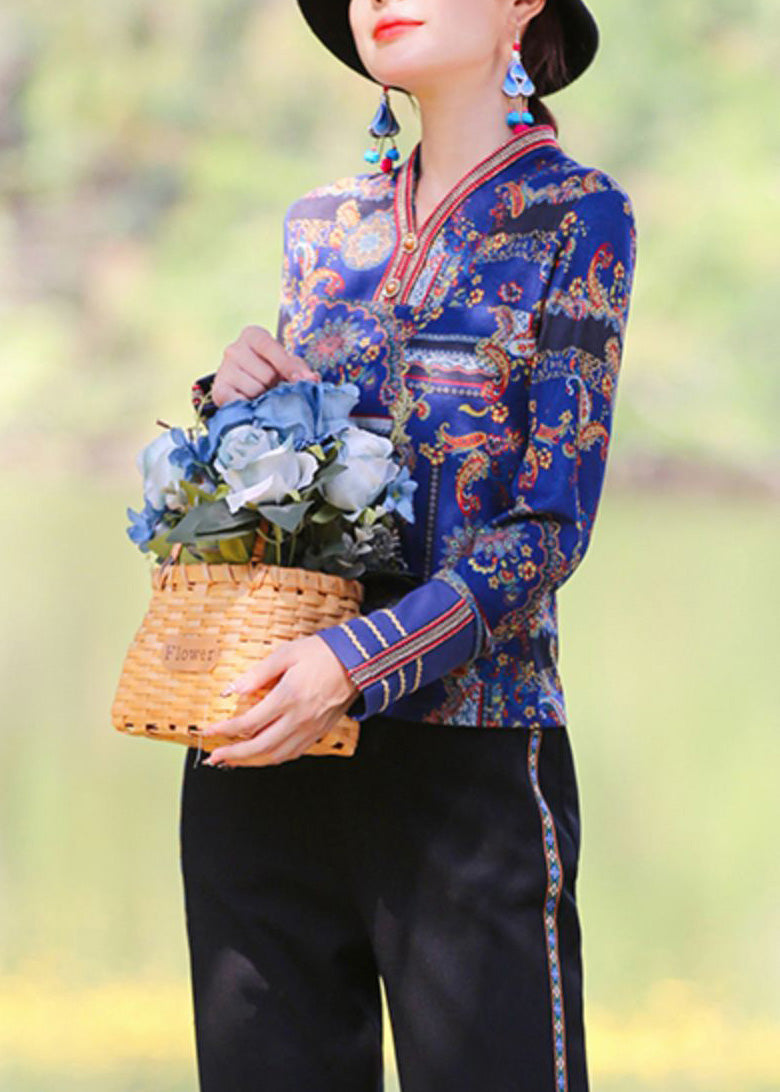 Blue V Neck Print Button Tops Spring