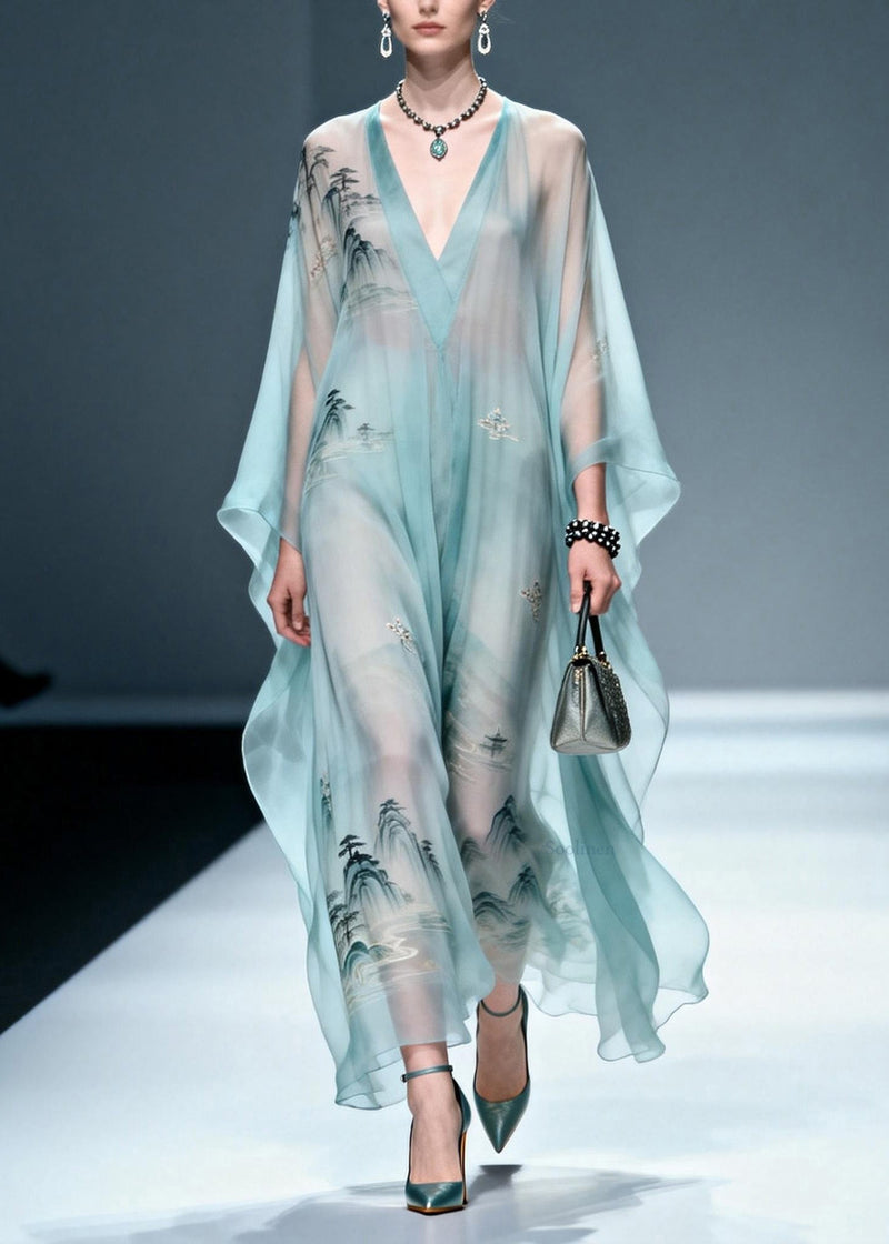 Blue V Neck Print Chiffon Long Dress Spring