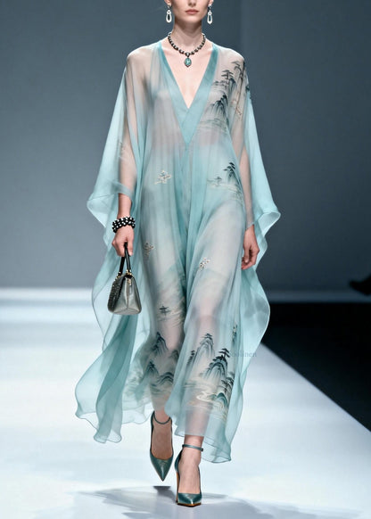 Blue V Neck Print Chiffon Long Dress Spring