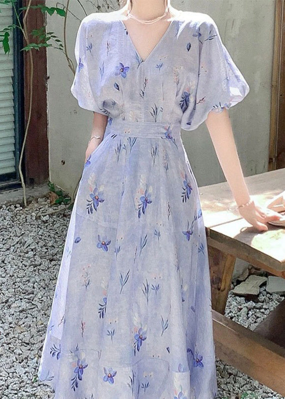 Blue V Neck Print Cotton Long Dress Summer