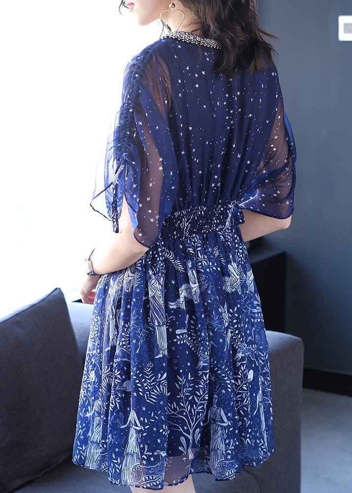 Blue V Neck Print Nail Bead Chiffon Dresses Batwing Sleeve
