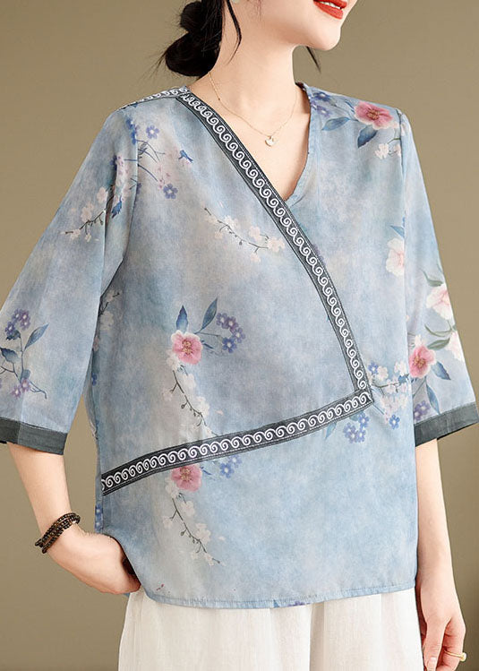 Blue V Neck Print Patchwork Cotton Tops Summer