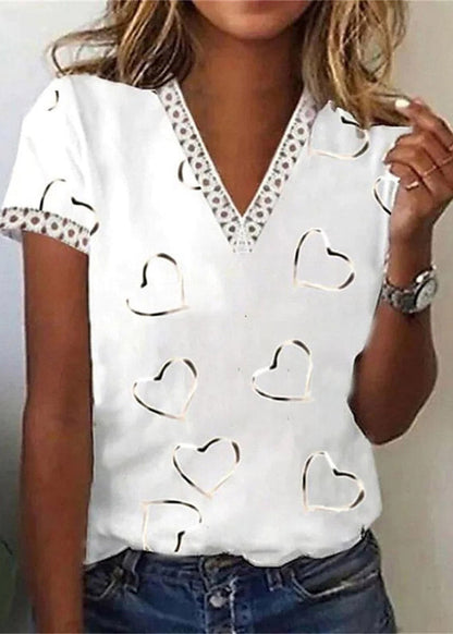 Blue V Neck Print Top Short Sleeve