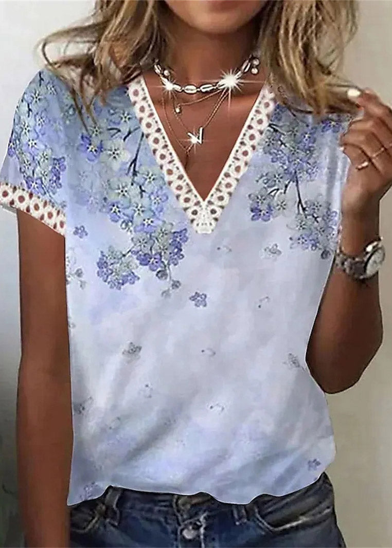 Blue V Neck Print Top Short Sleeve